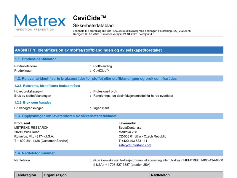 CaviCide EU REACH NO SDS