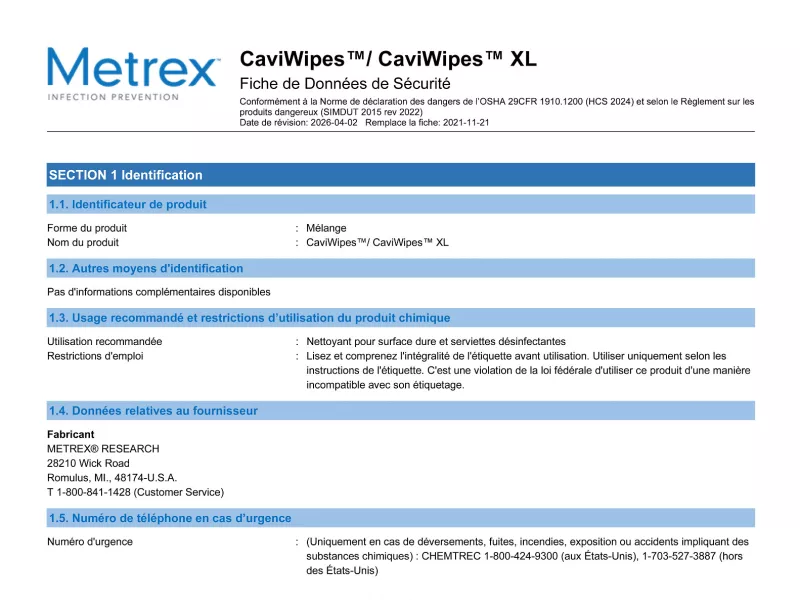 CaviWipes (All Sizes) FR GHS CAN SDS