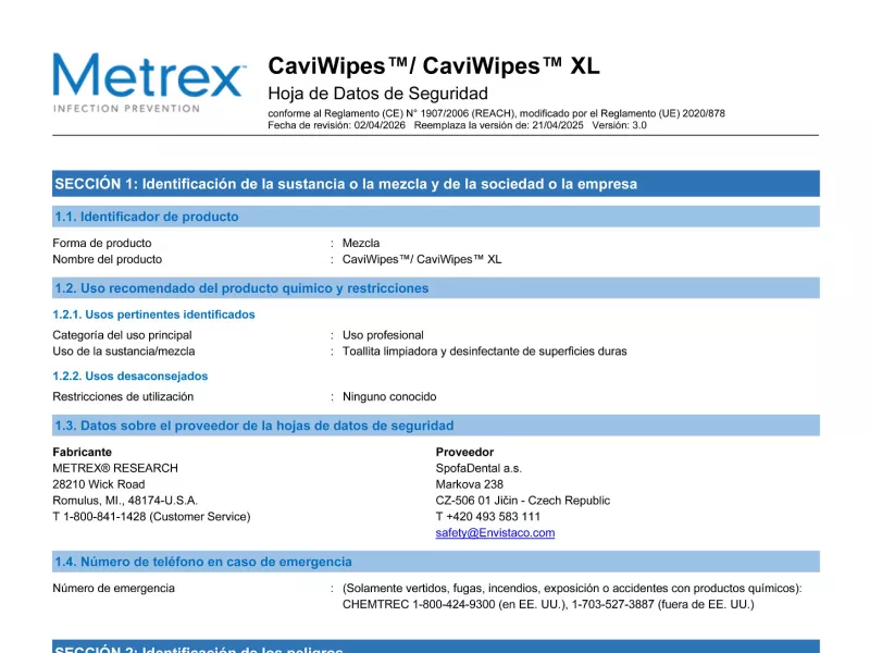 CaviWipes (All Sizes) SP Lat Am GHS SDS