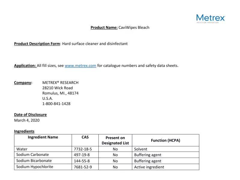CaviWipes Bleach Ingredient Disclosure