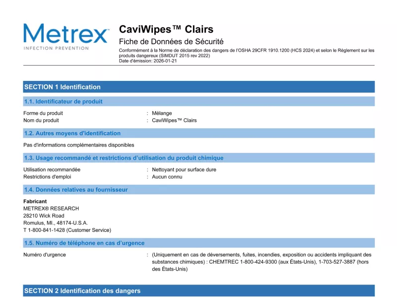 CaviWipes Clear FR CAN GHS SDS