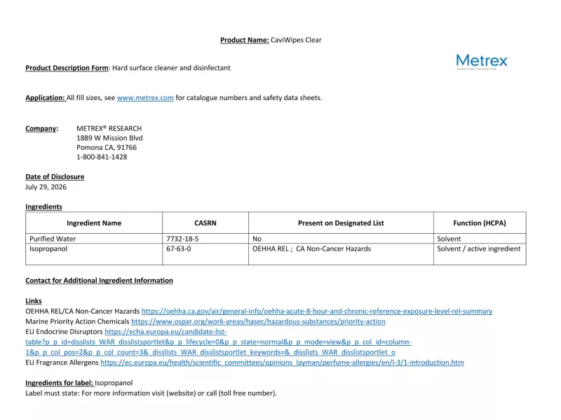 CaviWipes Clear Ingredient Disclosure