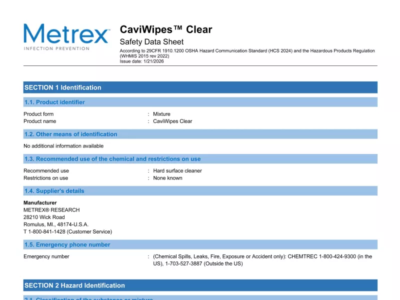 CaviWipes Clear US-CAN GHS SDS
