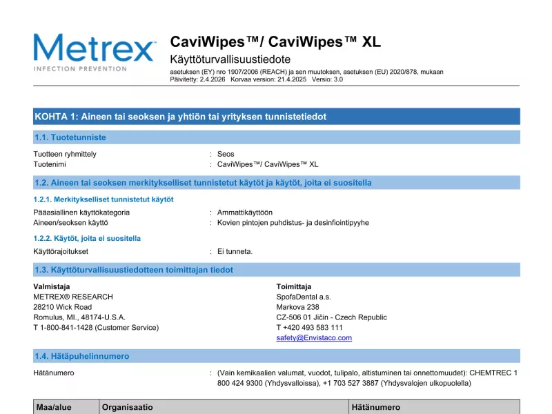 CaviWipes SDS EU REACH Finnish