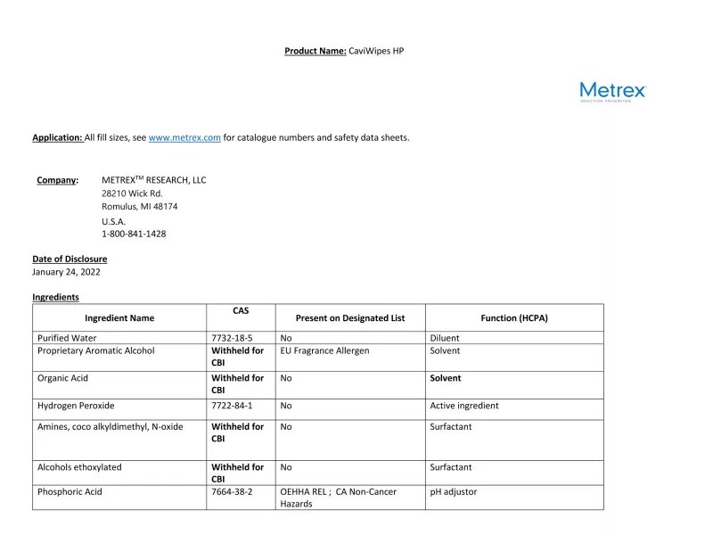 CaviWipes HP Ingredient Disclosure
