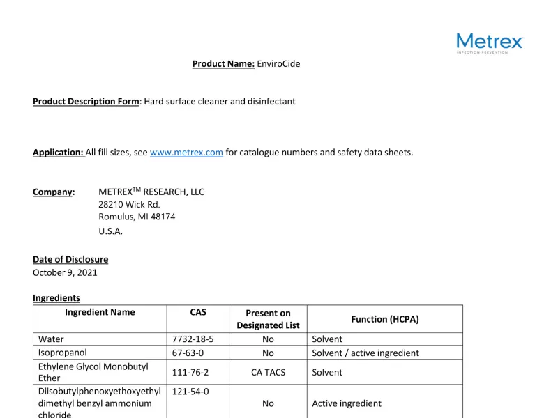 Envirocide Ingredient disclosure