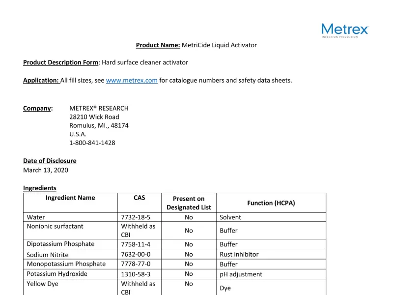 MetriCide Liq Activator Cleaning Disclosure 2020 03 16.pdf