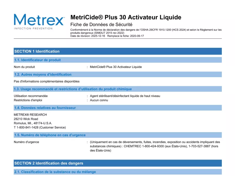 MetriCide Plus 30 Liquid Activator FR GHS CAN SDS