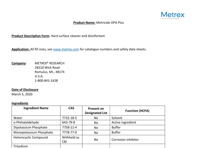 Metricide OPA Ingredient Disclosure